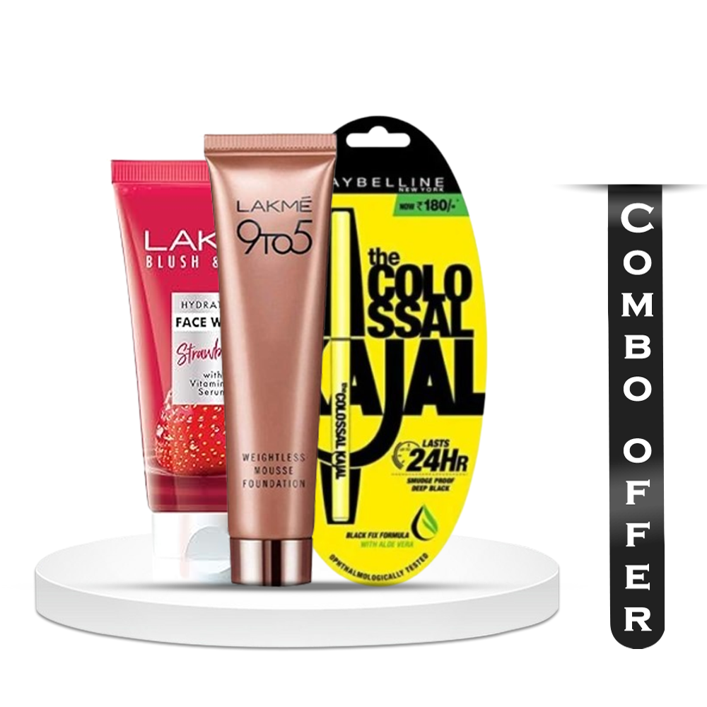 Combo of 3Pcs Colossal Kohl Kajal and Lakme 9To5 Mousse Foundation and Facewash
