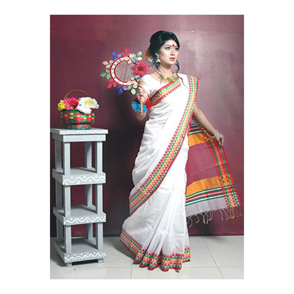 Half Silk Tangail Tant Saree With Blouse Piece For Women - White - Tts-137