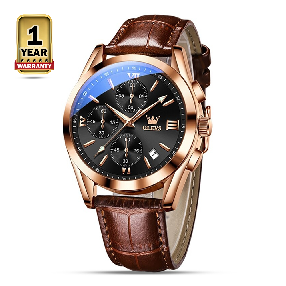 OLEVS 2872 Leather Quartz Watch For Men - Gold Brown And Black