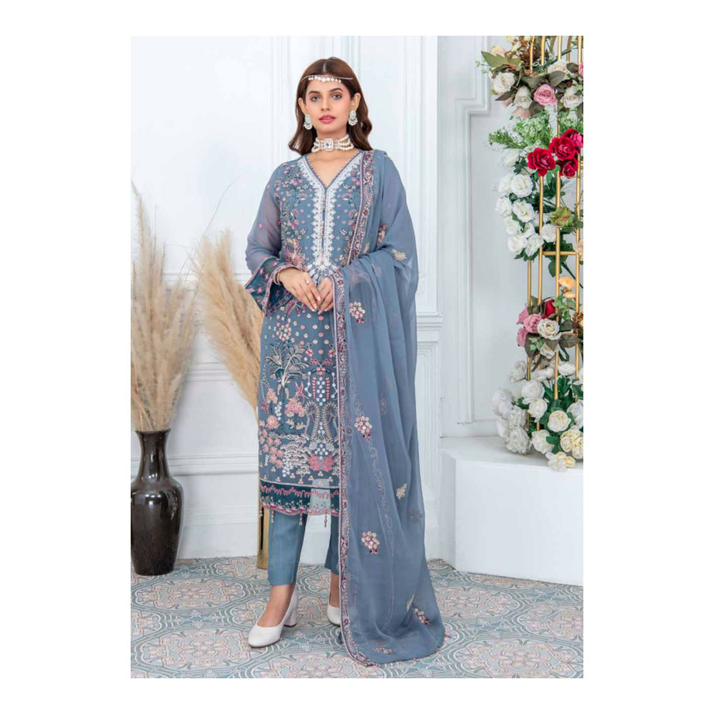 Semi-stitched Chiffon Party Dress for Women - Gray - HP-3PP-301 (1 Pc Ring Free)