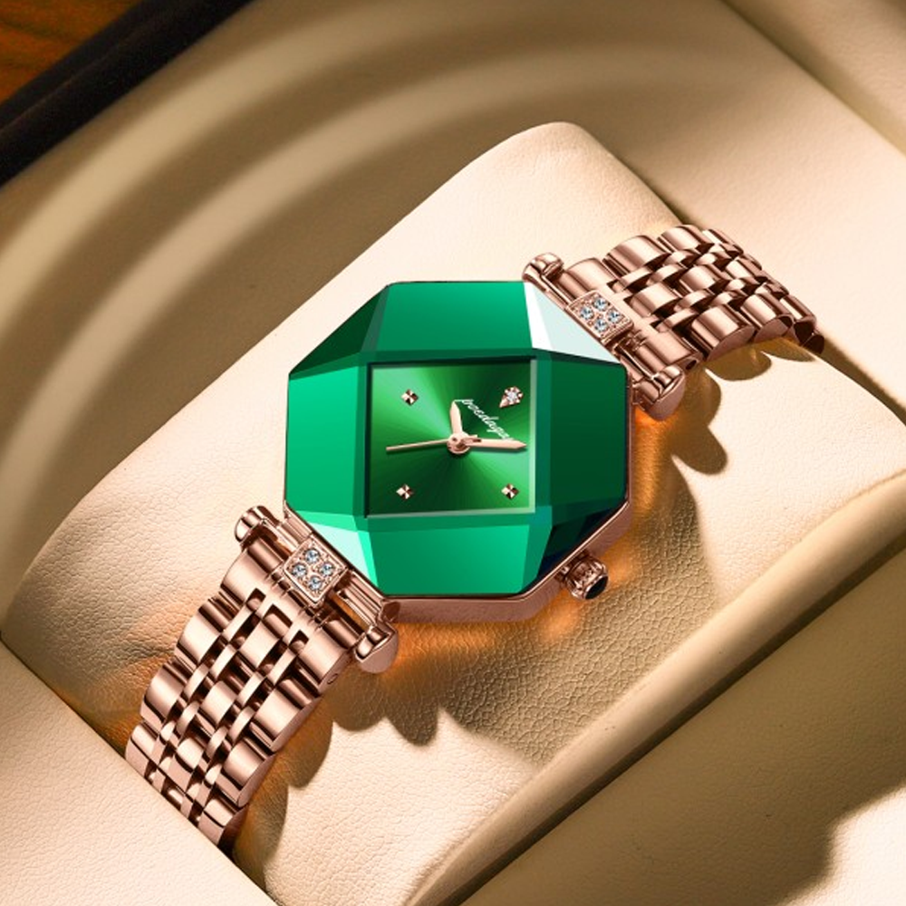 Poedagar 368 Stainless Steel Quartz Wrist Watch For Women - Green and Rose Gold
