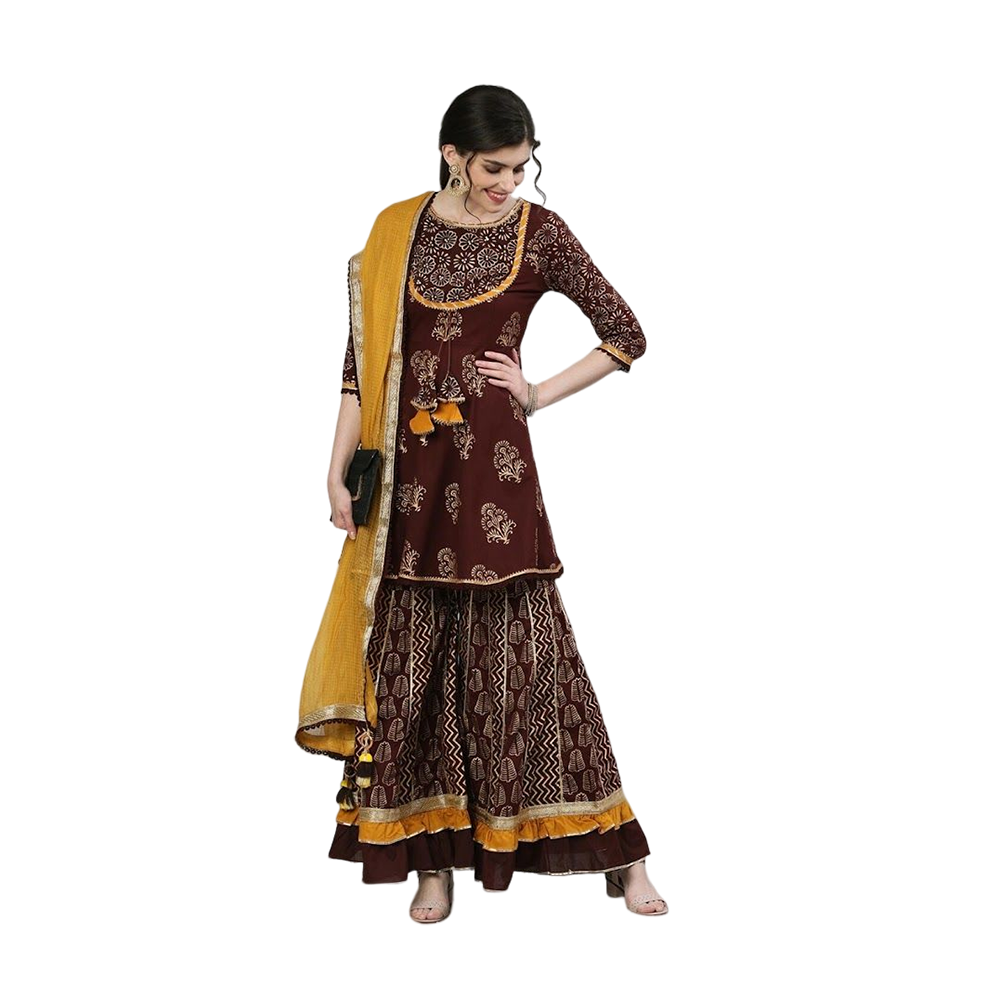 Cotton Embroidery Kurti Set For Women BF23 Brown