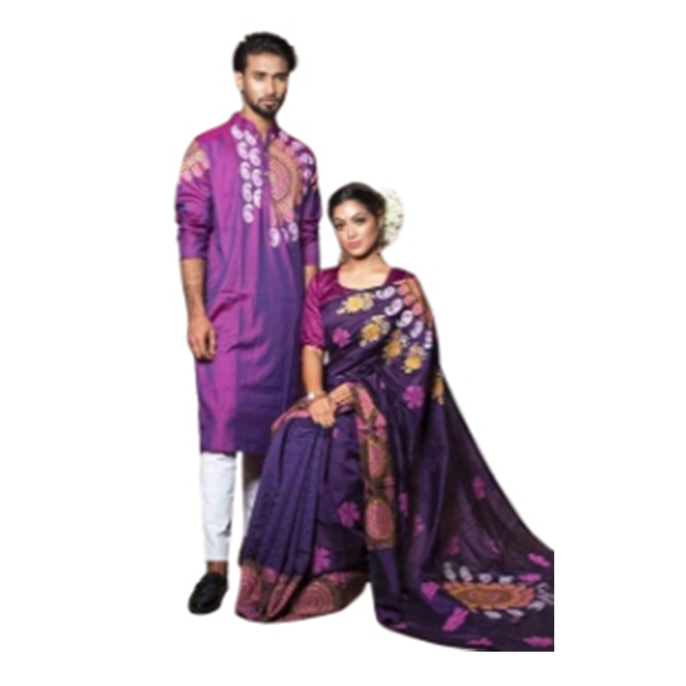 Half Silk Block Print Saree and Silk Cotton Panjabi For Couple - Purple - CS-B13