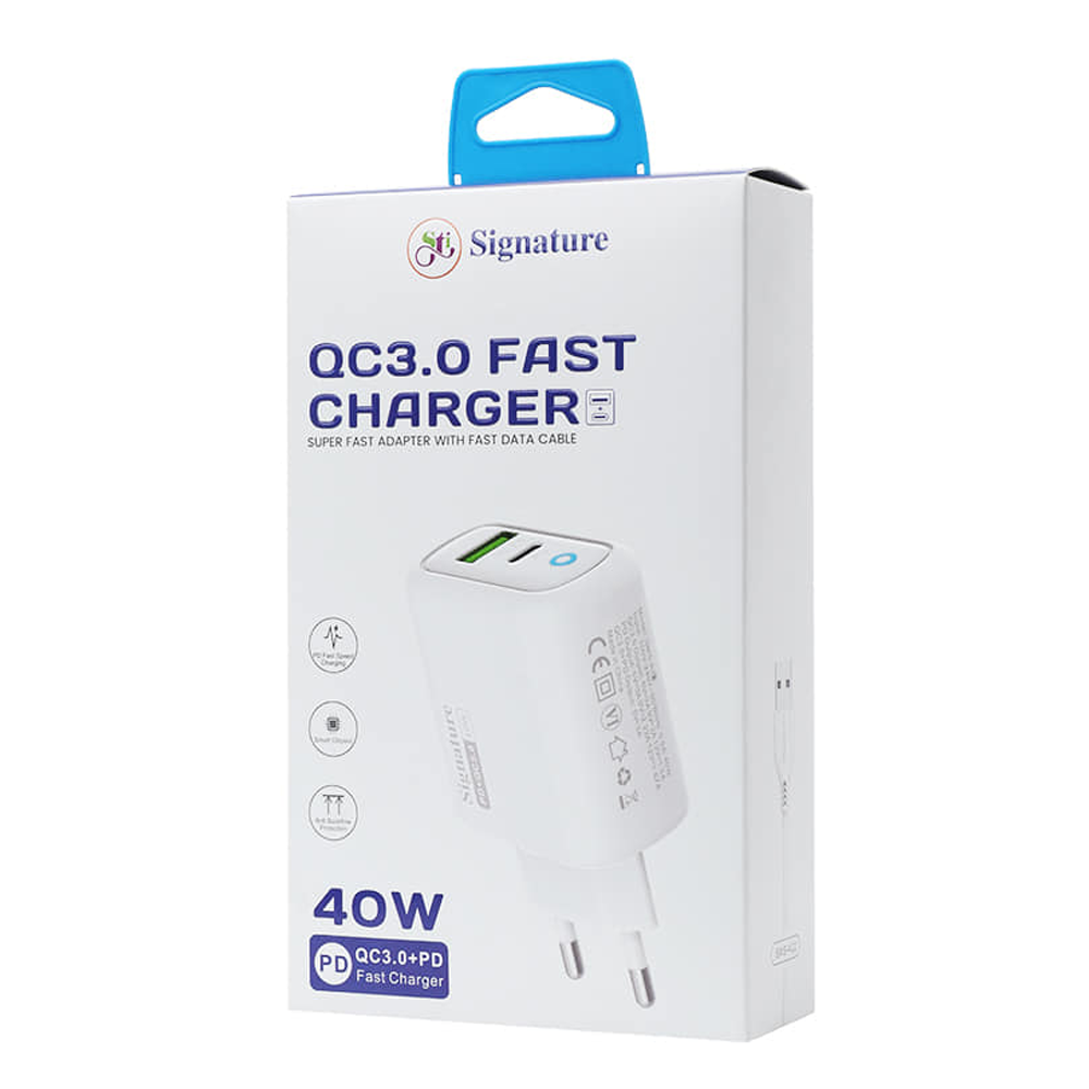 Signature SMS-A22 Dual Port Fast Charger With Type-C Data Cable - 40W - White