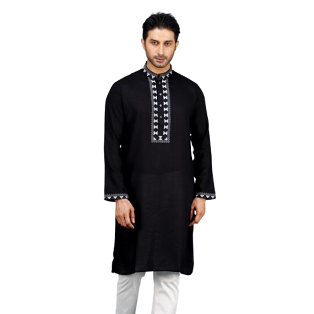 Cotton Embroidery Semi Long Panjabi For Men - Black - PM-20