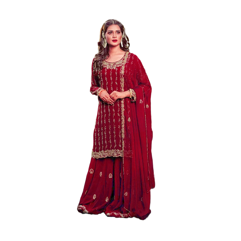 Three Pcs For Women Georgette and Butter Silk - Red