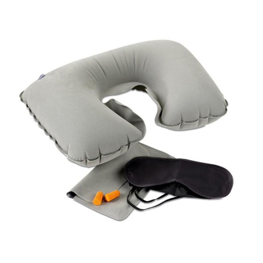 4 in 1 Inflatable Travelling Pillow Set With Eye Mask Ear Plug And Pouch - Grey And Black