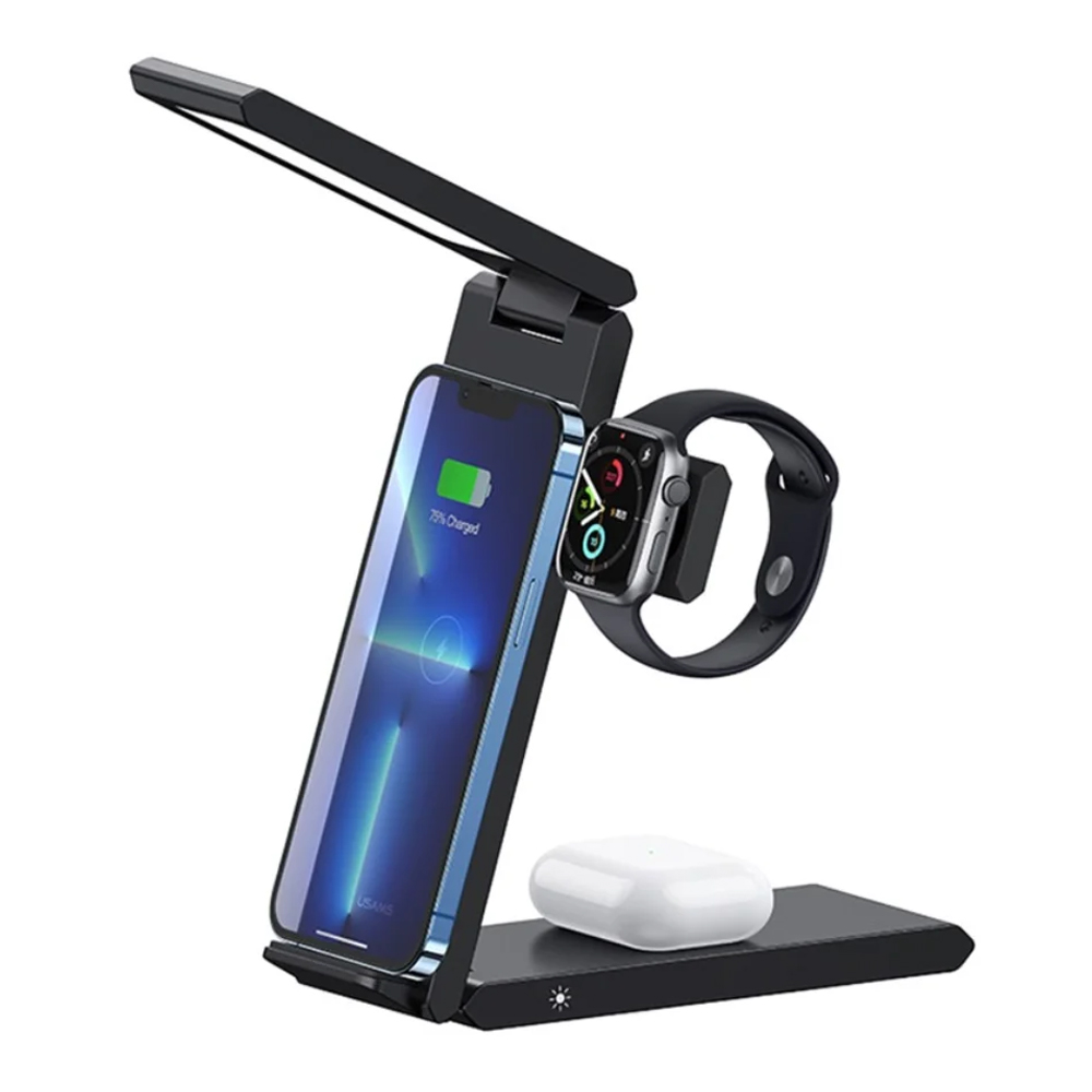 USAMS US-CD181 3in1 Folding Wireless Charging Stand with Table Lamp - 15W - Black