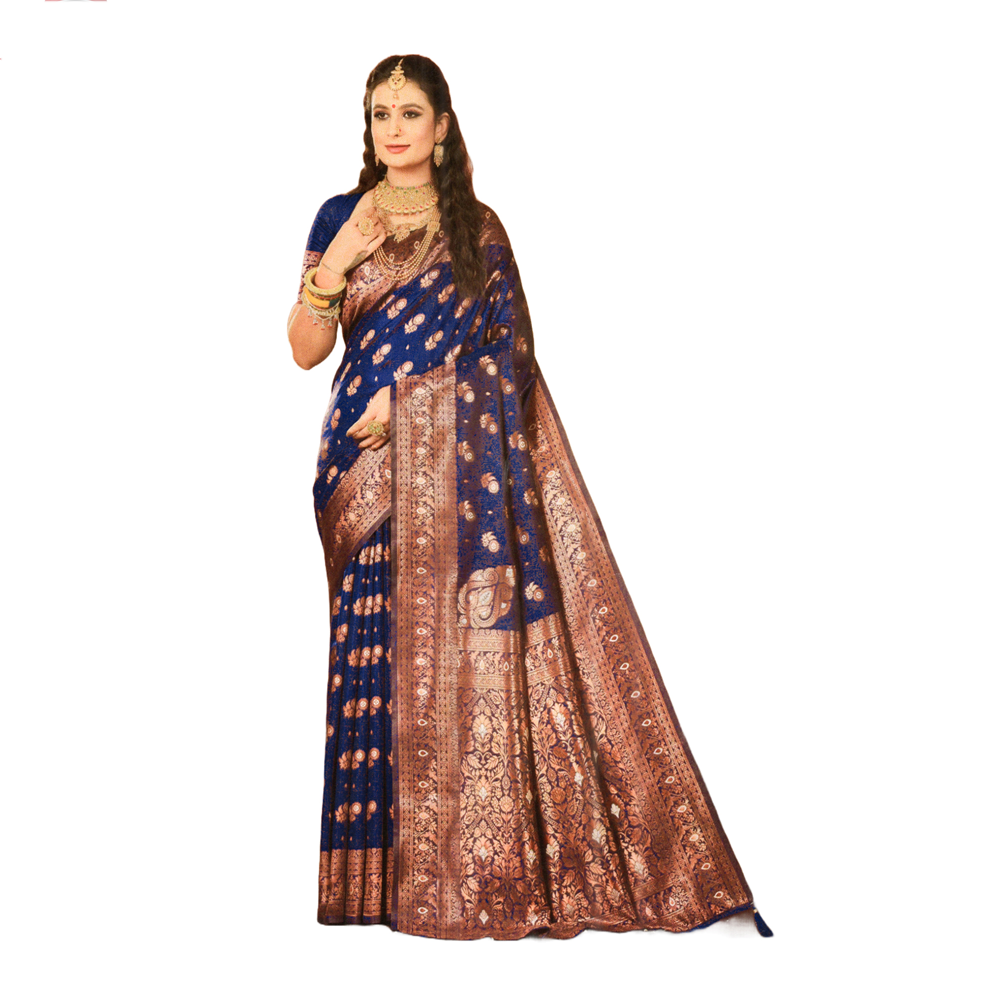 Gujrati Katan Handloom Saree For Women with Blouse Pieces - Blue - A605 E