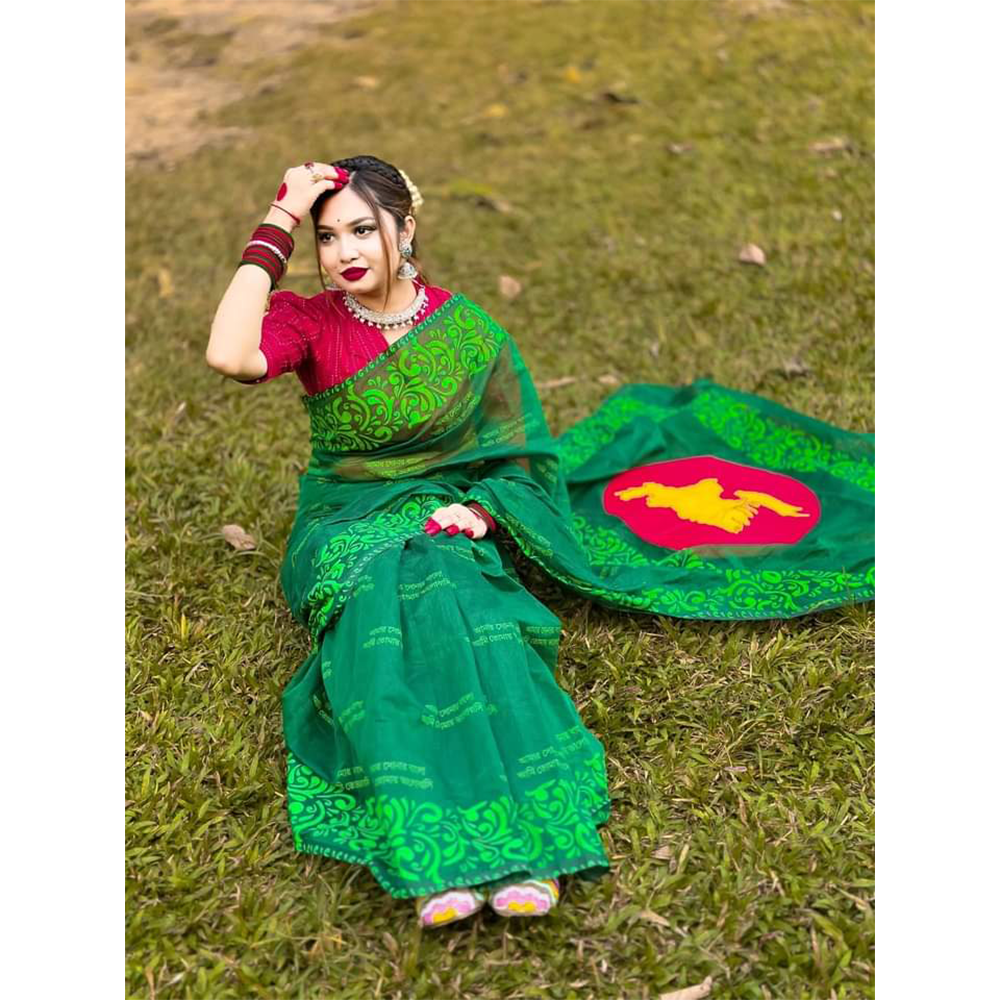 16th December Special Half Silk Block Printed Saree For Women - Green and Red - SP-138