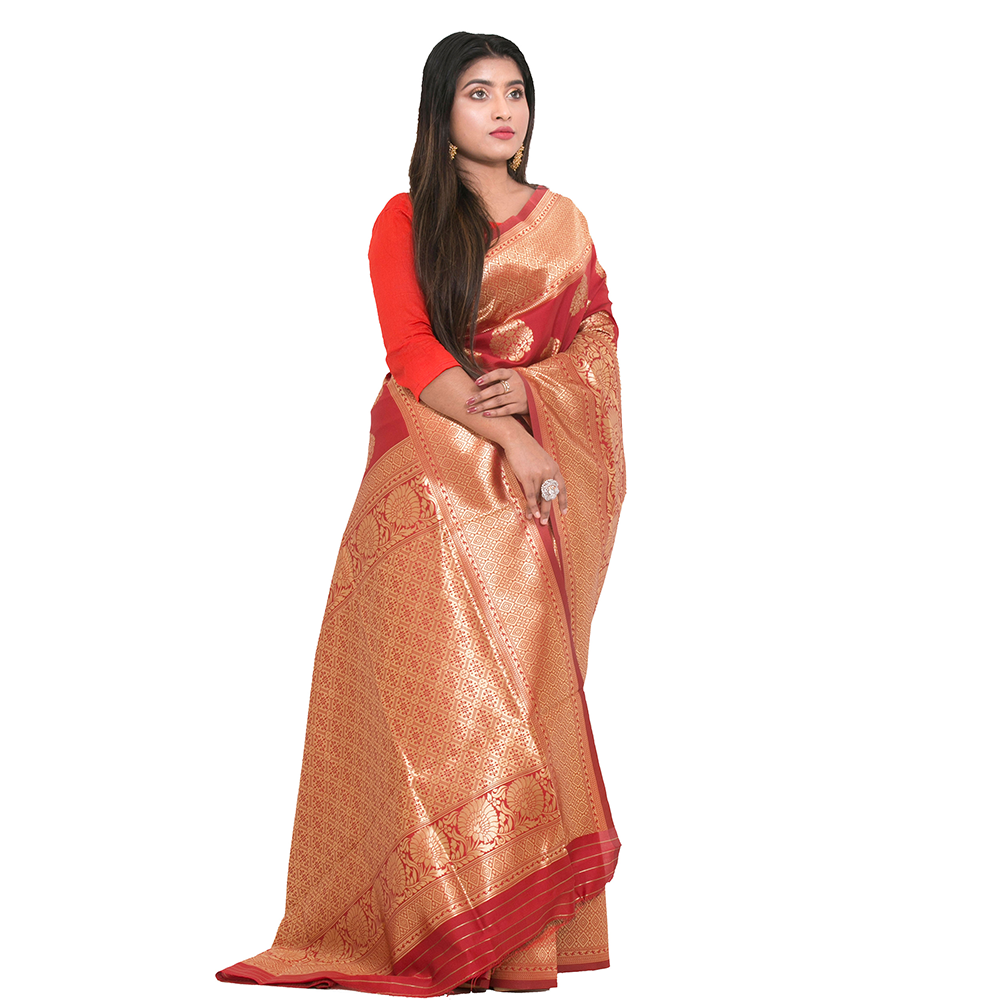 Gujrati Katan Handloom Saree For Women with Blouse Pieces - Red - A549 B