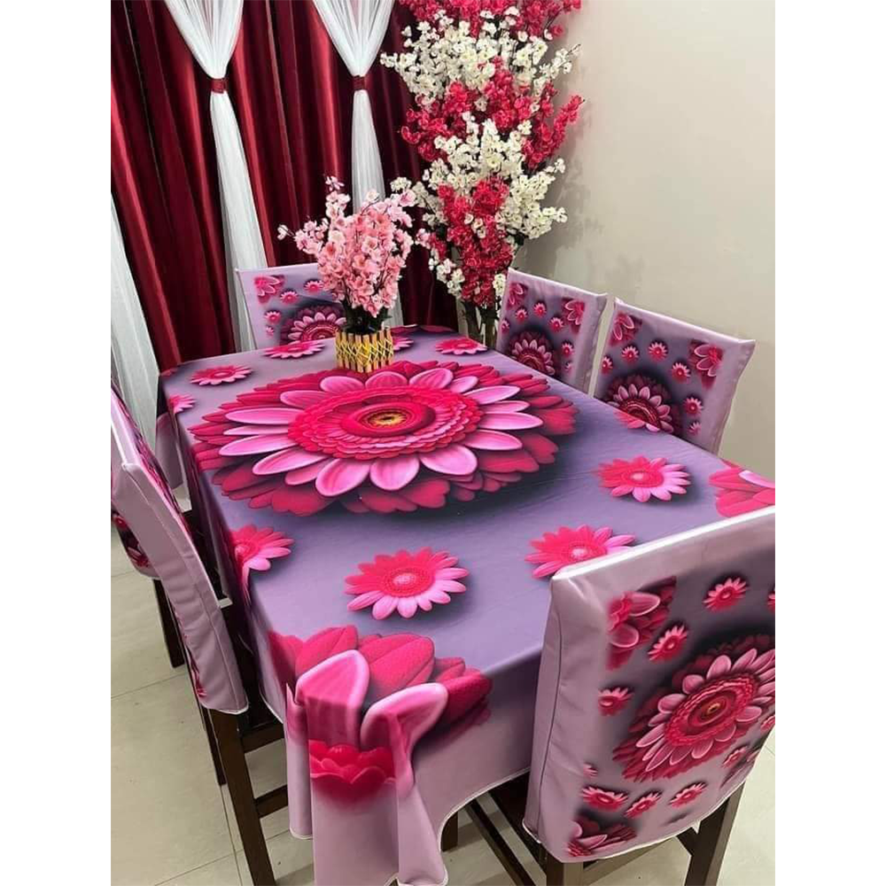 Korean Velvet 3D Print Dining Table Cloth and Chair Cover Set 7 In 1 - HS 00096