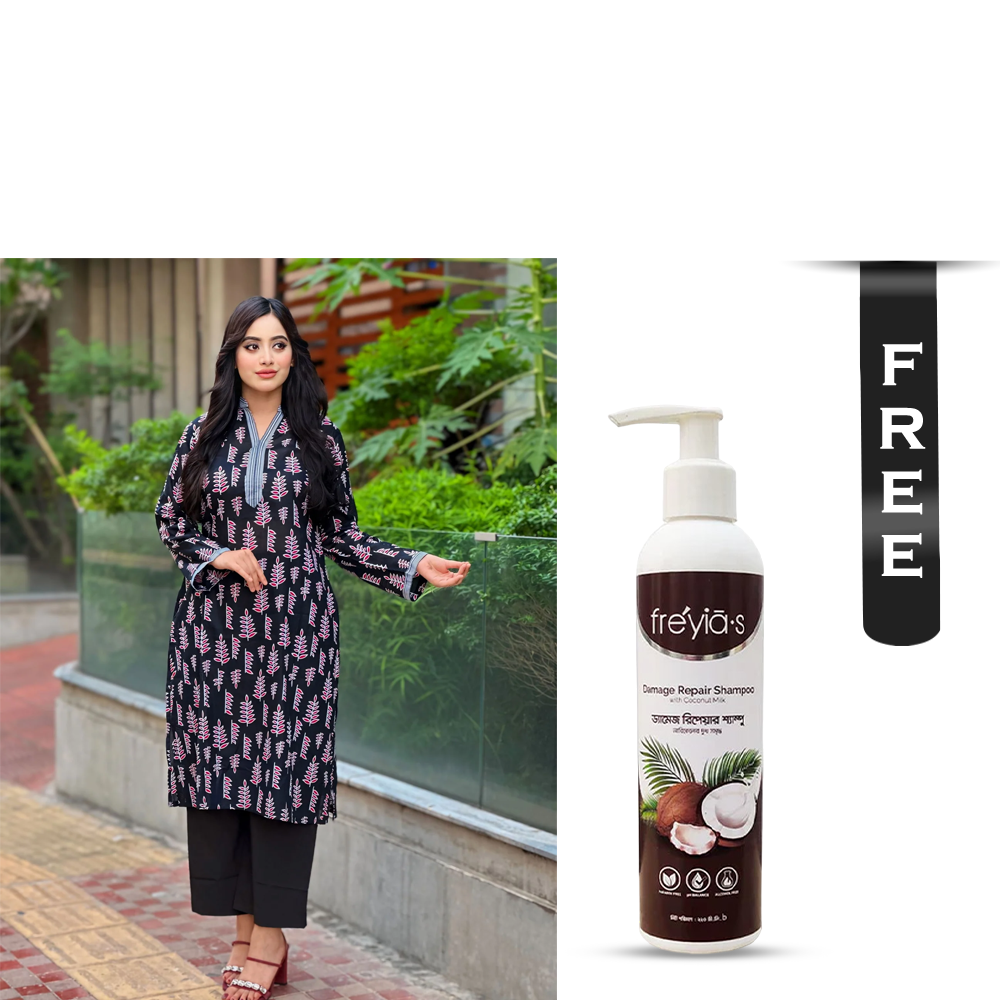 Buy Showstopper Cotton Kurti for Women - 0224 000317 - Black and Get Freyias Damage Repair Shampoo with Coconut Milk - 220ml Free