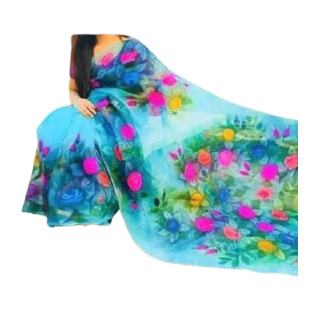 Half Silk Hand Print Saree For Women - Multicolor - SP-105