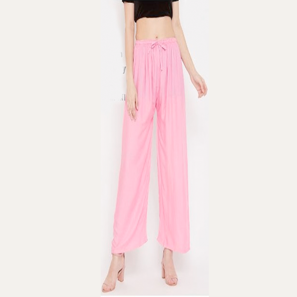 Linen Loose Fit Flared Wide Palazzo Pants For Women - Baby Pink
