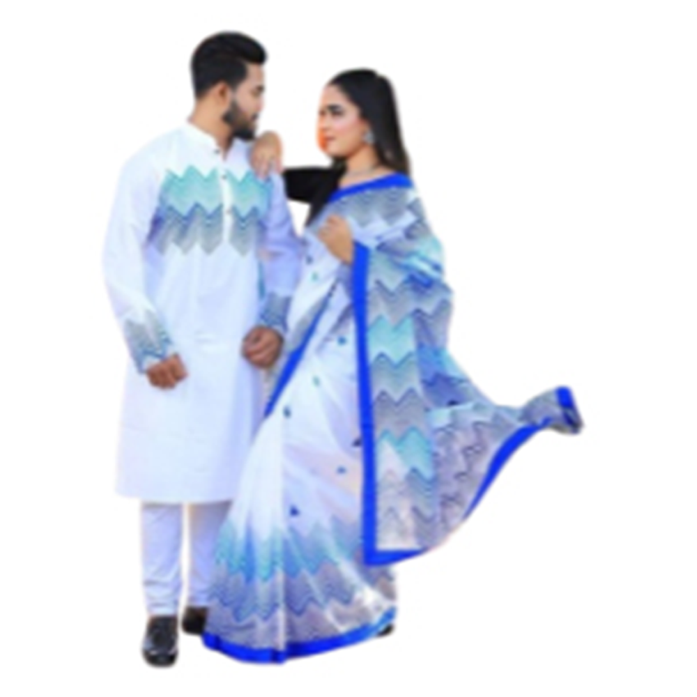 Block Print Saree With Panjabi Couple Set - White and Blue - CS-B24