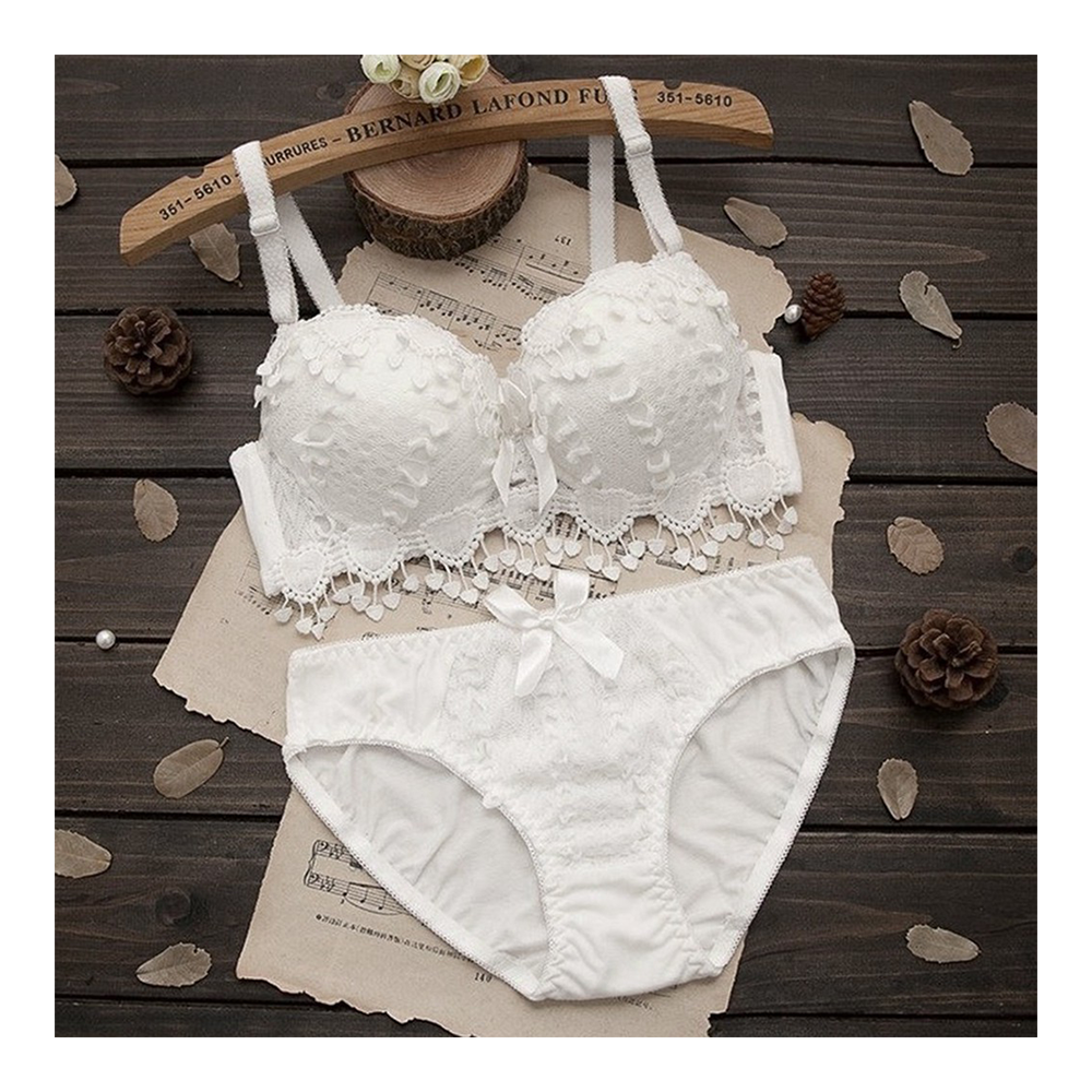  Spandex Floral Lace Push Up Bra  and Underwear Set For Women - White - OCWhite 