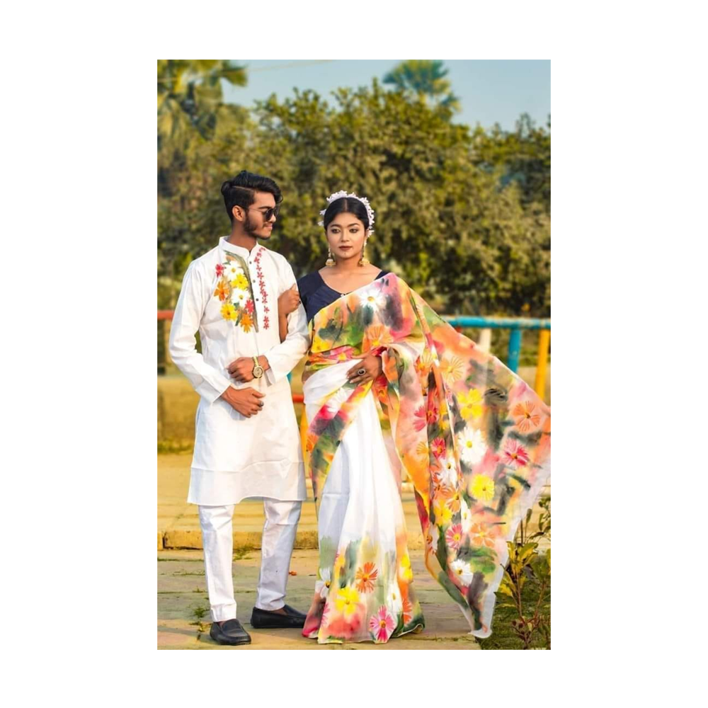 Hand Printed Half Silk Saree and Dhupian Cotton Panjabi For Couple Set - BAN071