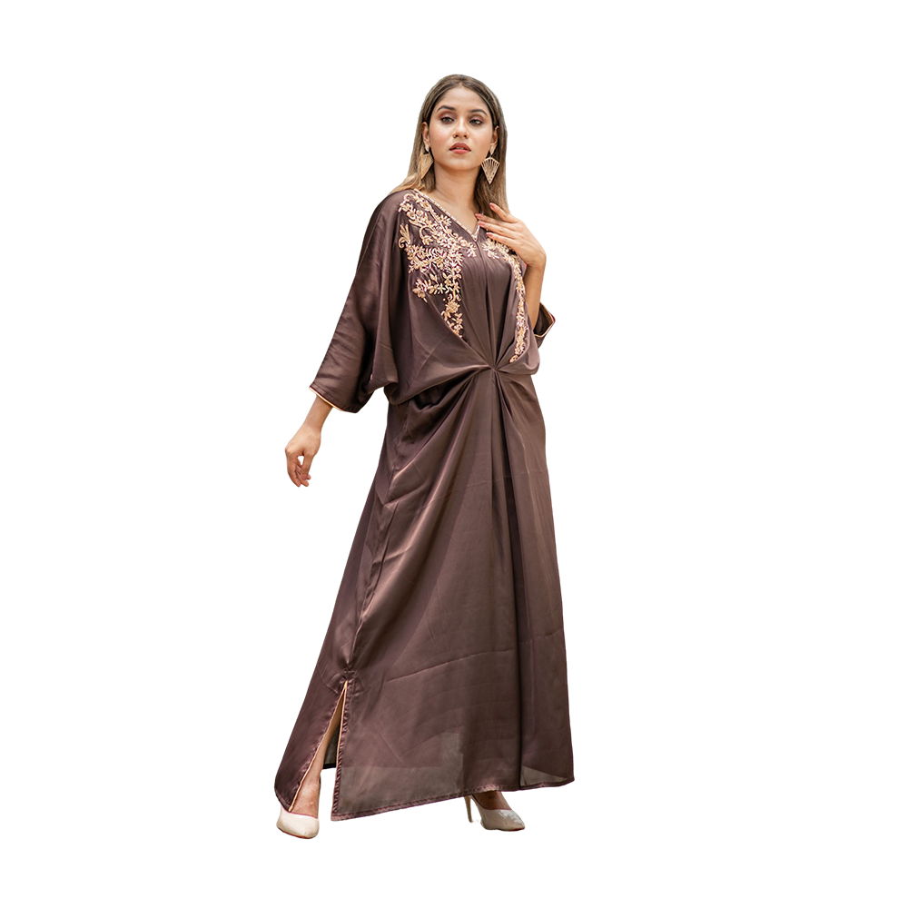 Fanaa Designer Zardozi Work Royal Silk Kaftan For Women - Chocolate