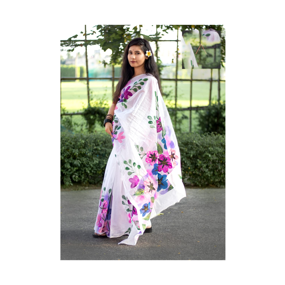 Hand Printed Half Silk Saree For Women - Multicolor - BAN131