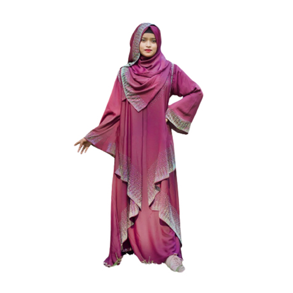 Dubai Cherry Embroidery Koti Burka With Hijab For Women - Maroon