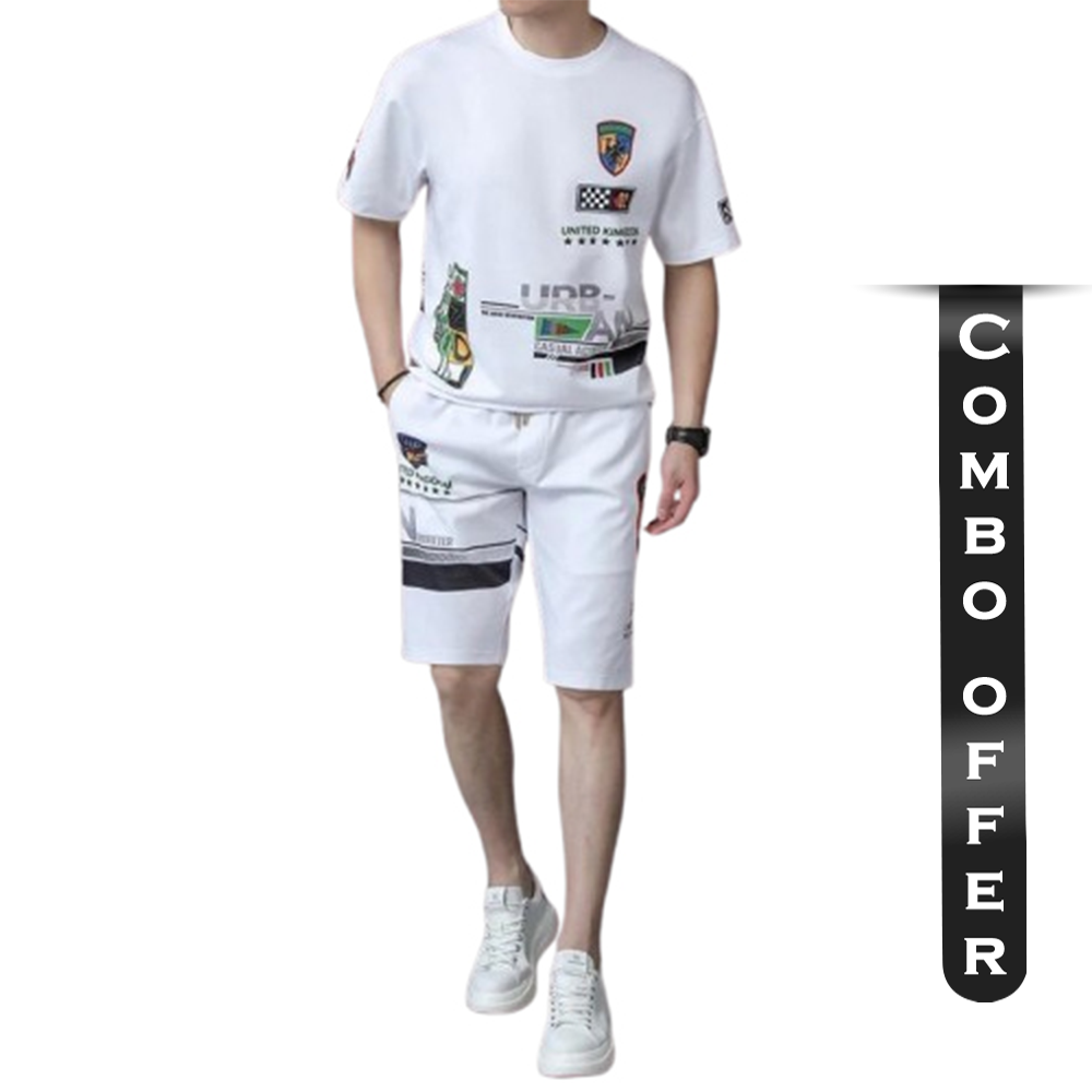 Combo of 2Pcs China PP Half Sleeve T-Shirt and Half Pant Set For Men - White - T3-N30