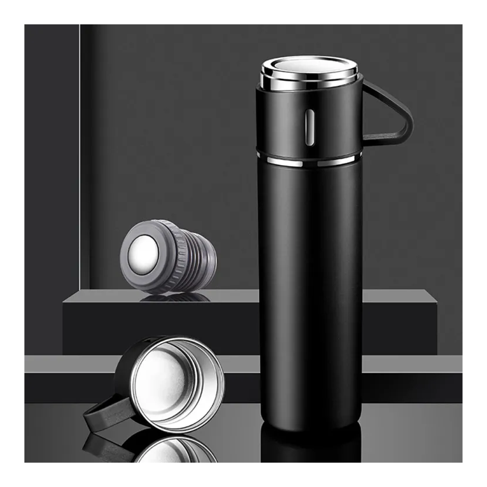 Stainless Steel Vacuum Flask Thermos Set With One Cup Black