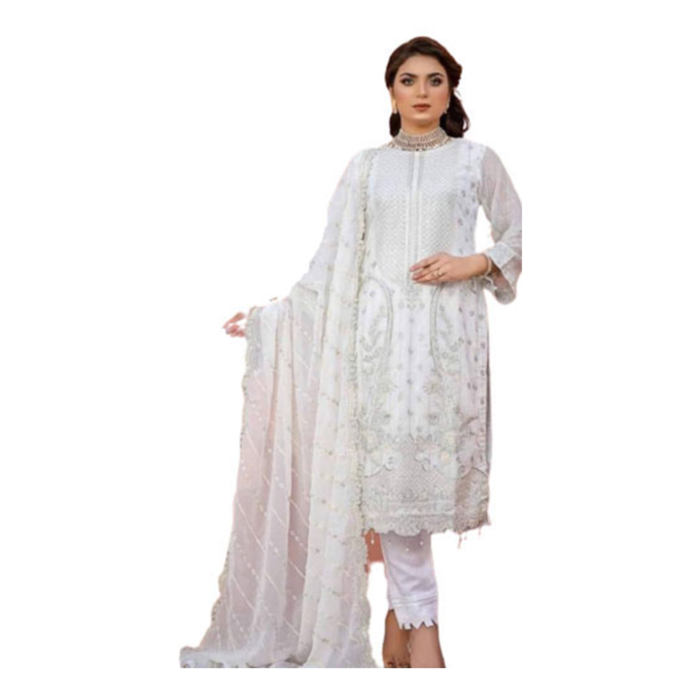 Soft Georgette Embroidery Unstitched Salwar Kameez For Women - White - 4G-28