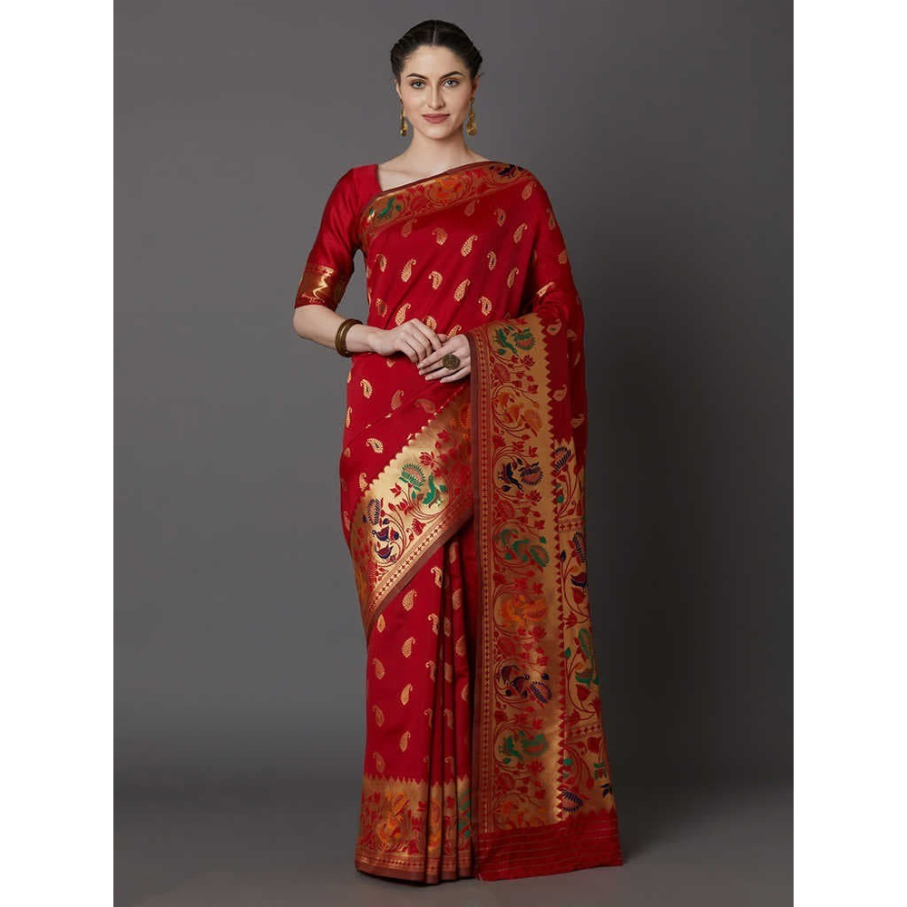 Silk Printed Gorgeous Saree With Blouse Piece For Women - Red - MN-739