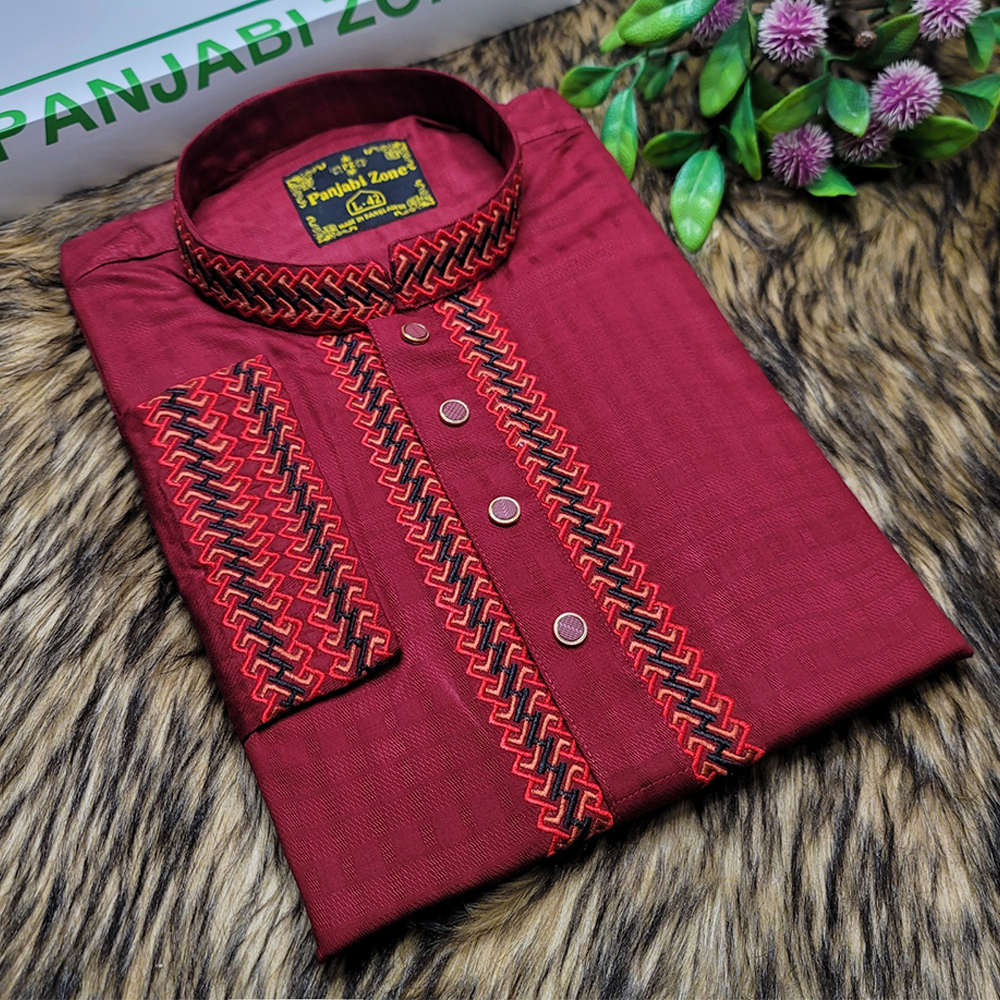 Cotton Embroidery Panjabi for Men - Maroon - PZ-17