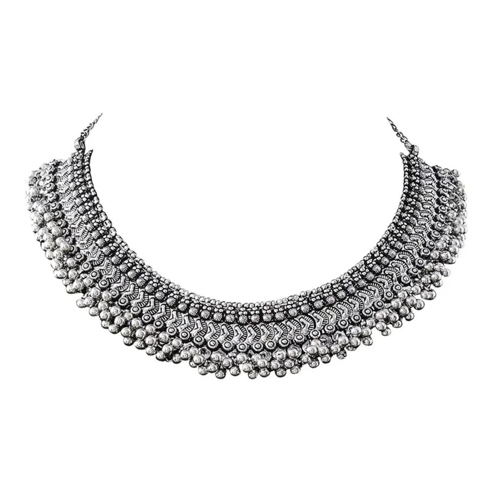 Indian Jaypur Choker Necklace Jewelry Set With Tikli For Woman - Silver