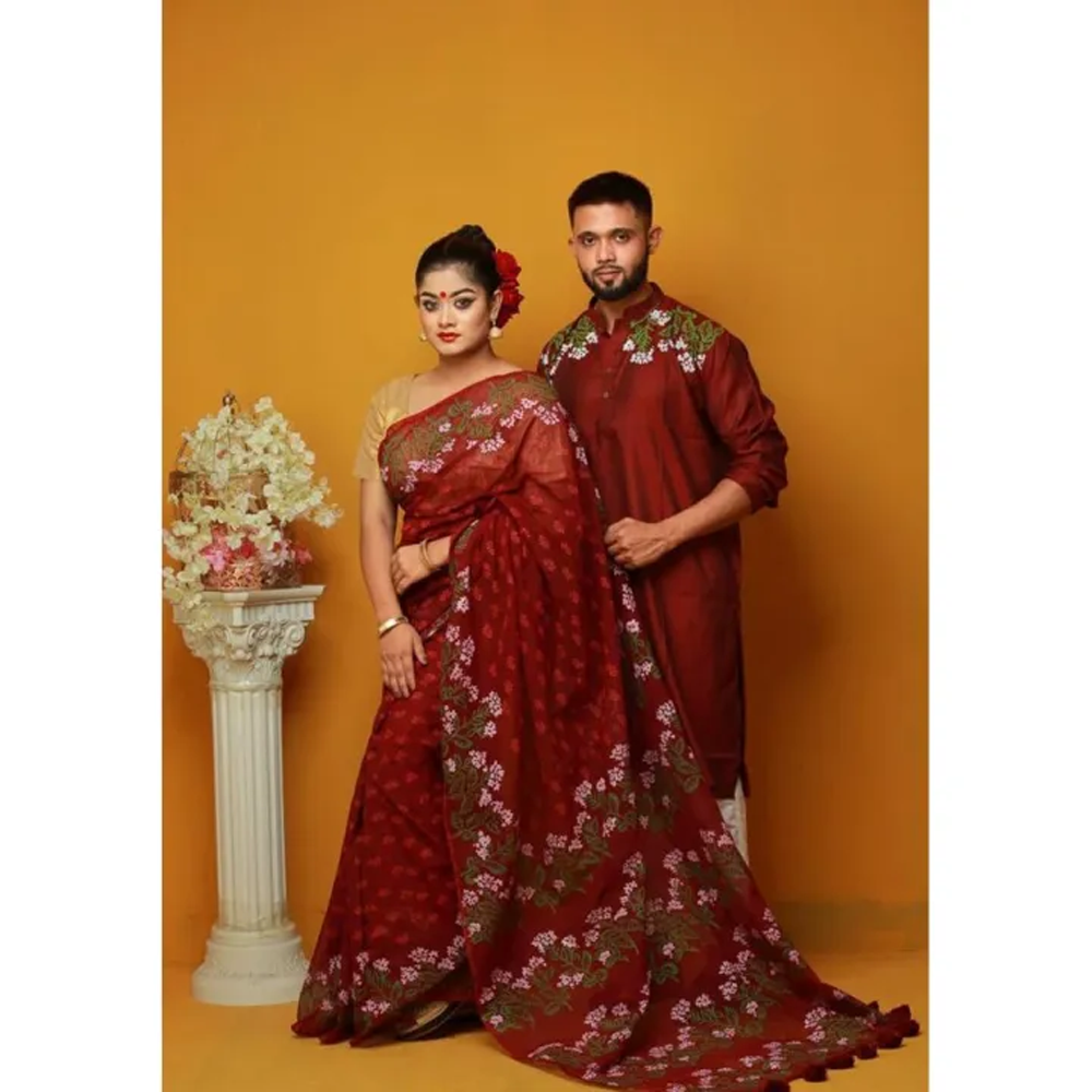 Half Silk Block Print Saree and Dhupian Cotton Panjabi Couple Set - Multicolor - 340