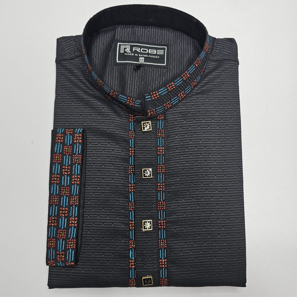  Cotton Embroidery Panjabi For Men - Black - 5865