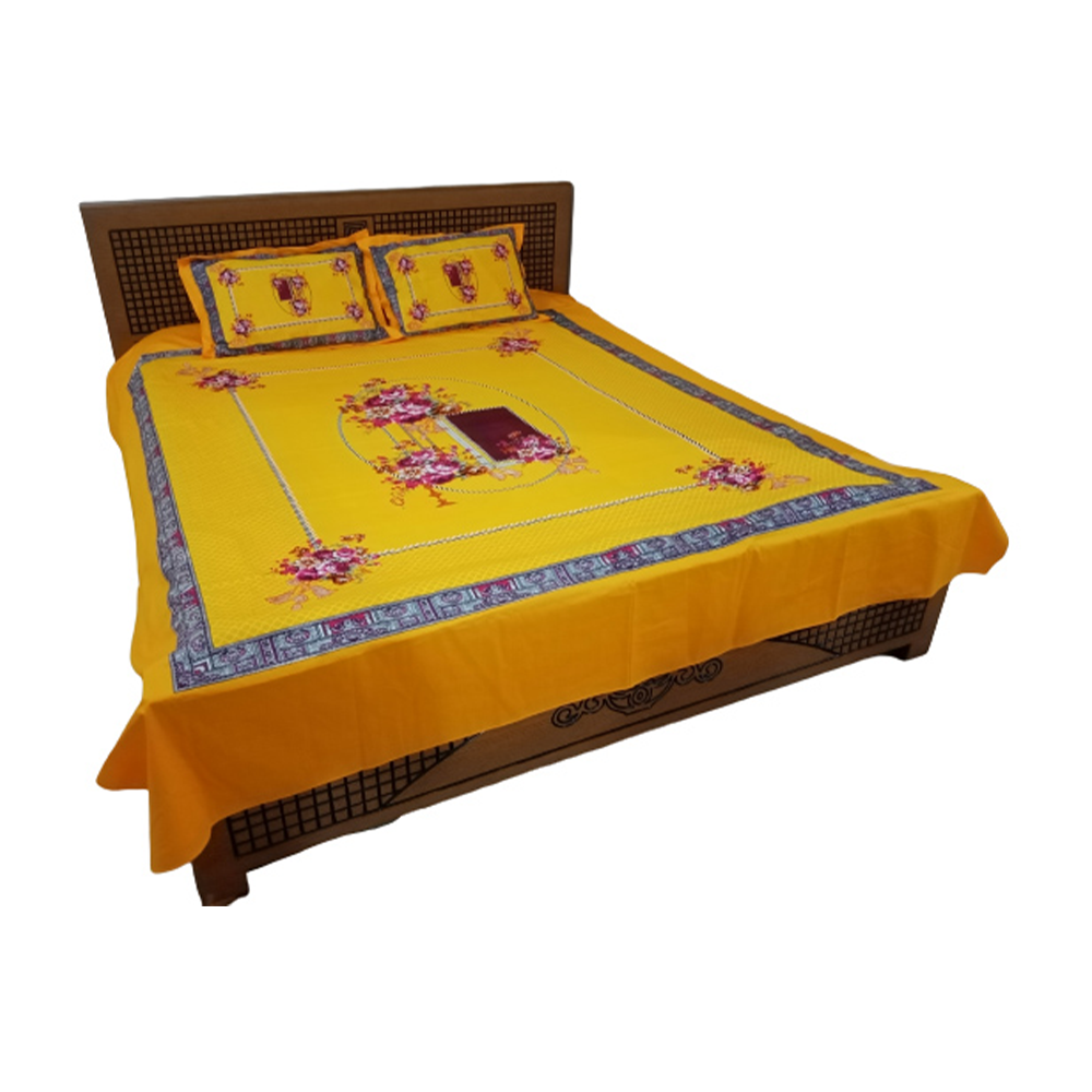 King Size Cotton Panel Double Bed Sheet Yellow ST319