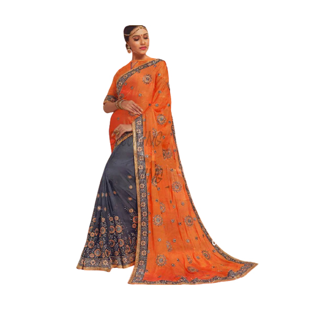 Embroidery Work Weightless Georgette Saree With Blouse Pcs For Women - Orange and Ash