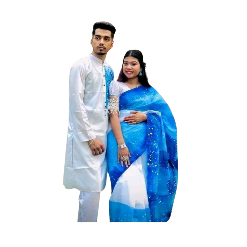 Cotton Silk Saree and Dhupian Cotton Panjabi Couple Dress - Blue & White - SC80