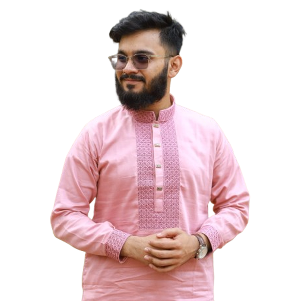 Tencel Cotton Embroidered Panjabi For Men - Light Pink - 01