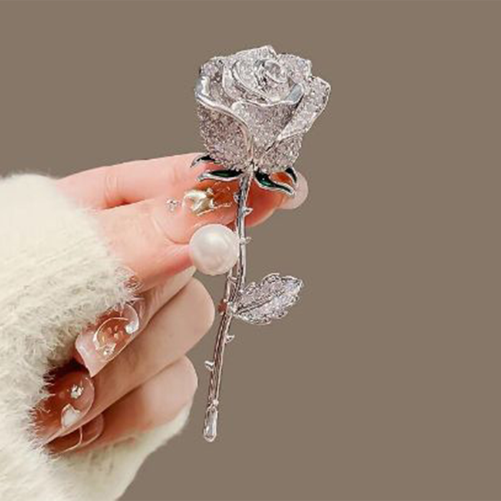 Metal Rose Brooch Hijab Safety Pin For Girls And Women - Silver