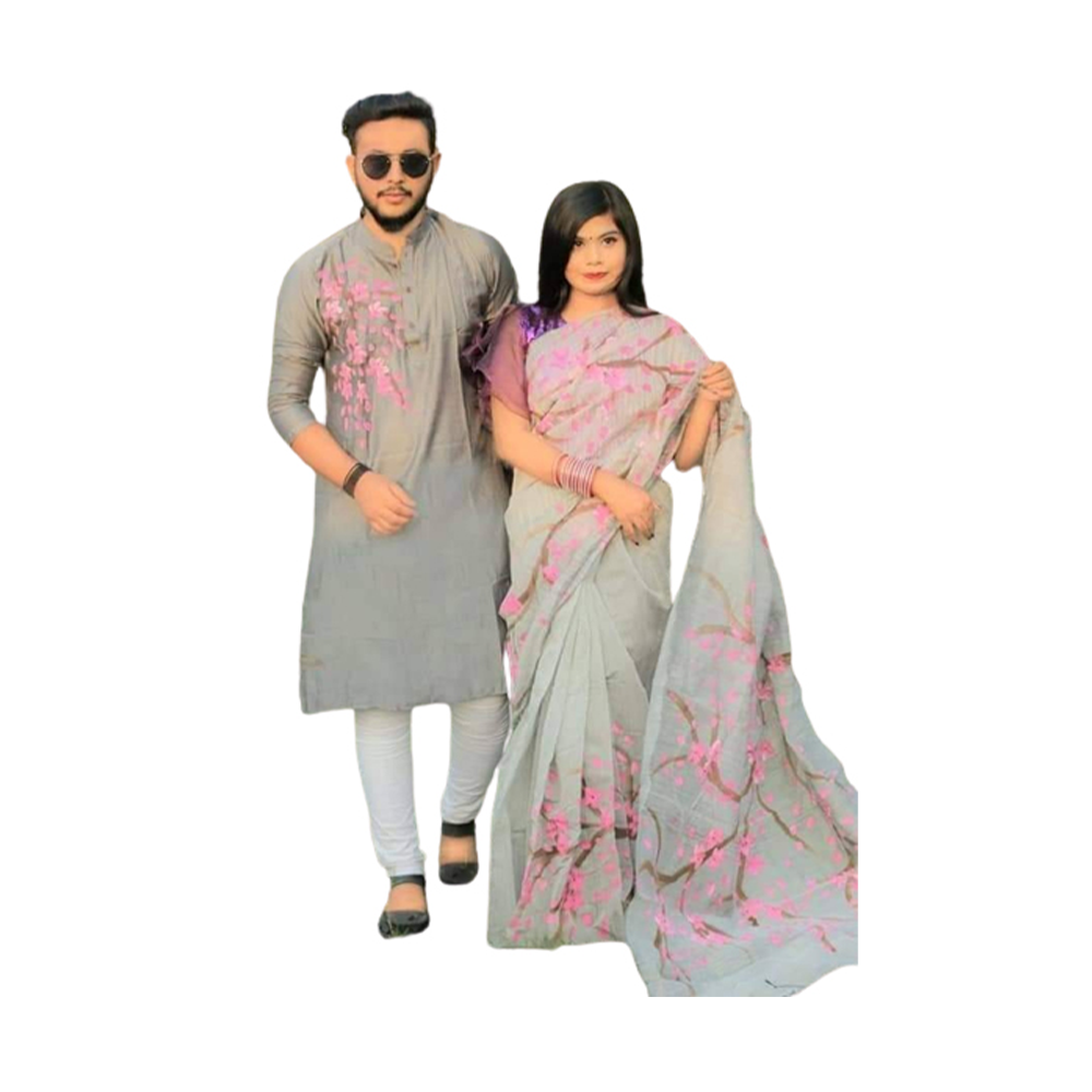 Hand Print Half Silk Saree and Silk Cotton Panjabi for Couple - Gray - CS-43