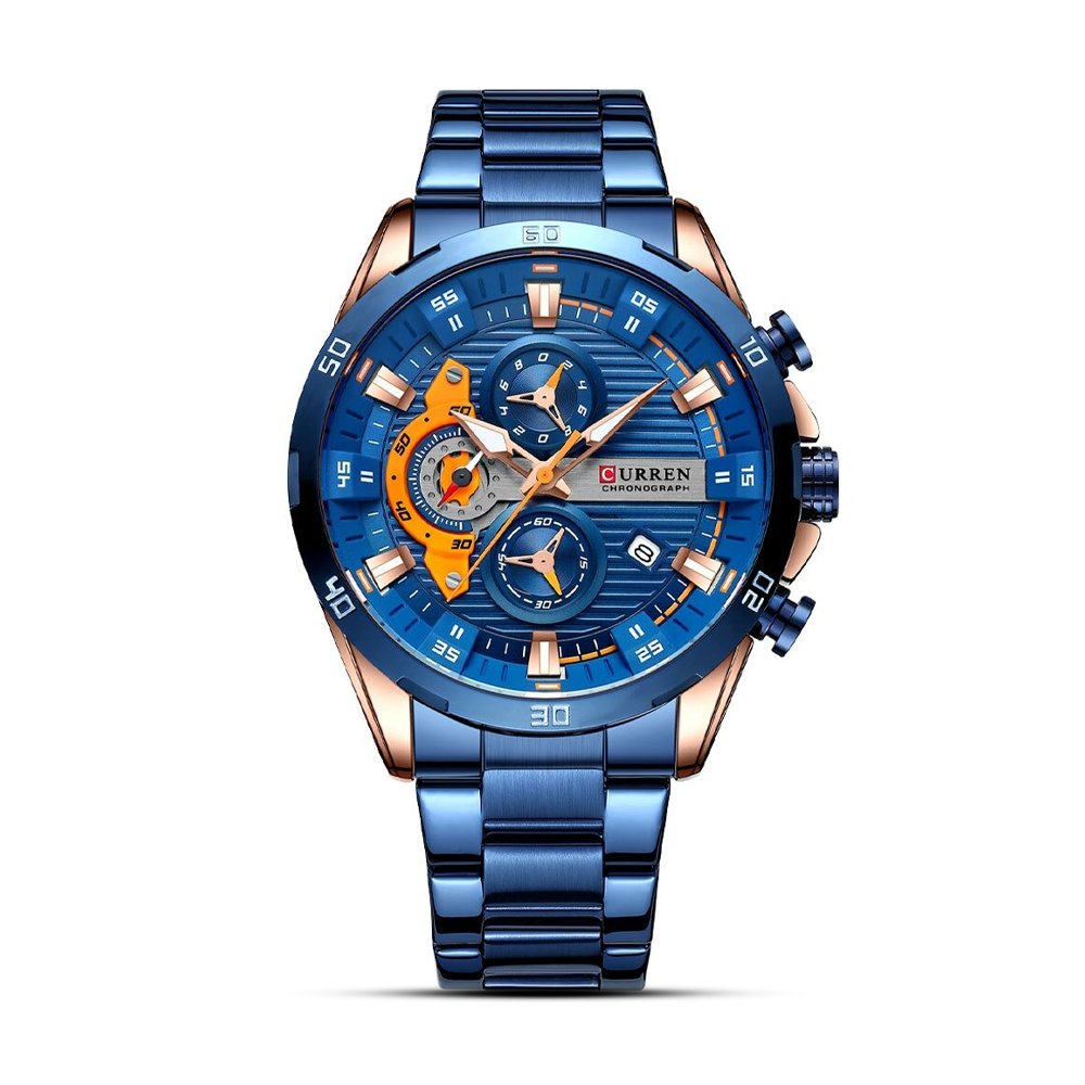 Curren 8402 Stainless Steel Wrist Watch for Men - Blue Rose and Gold 