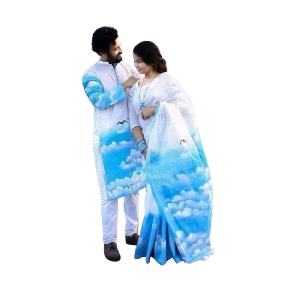 Cotton Silk Saree and Dhupian Cotton Panjabi Couple Dress - Sky Blue & White - SC45