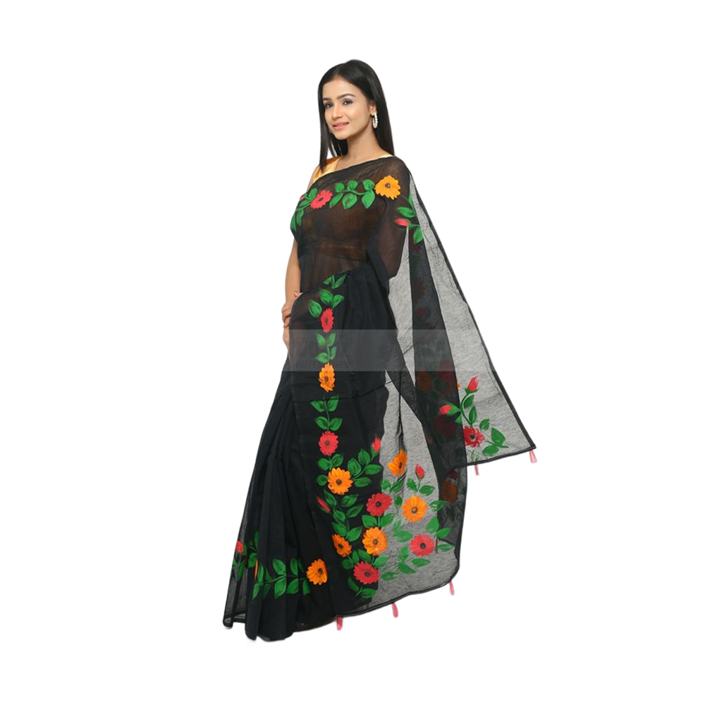 Hand Printed Half Silk Saree For Women - Multicolor - BAN138