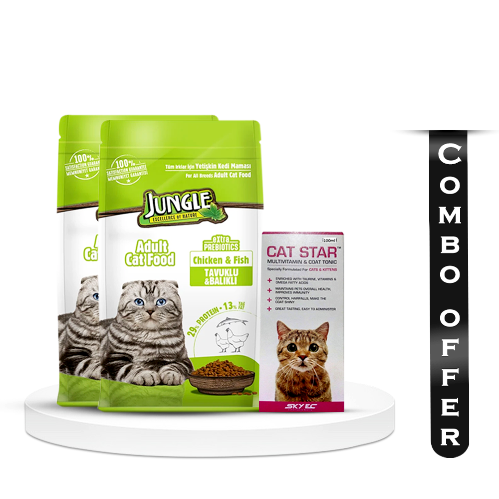 Combo Of 2 Pcs Jungle Chicken and Fish Flavor Cat Food for Adult Cat - 500gm and Cat Star Multi-Vitamin and Coat Tonic for Cats And Kittens - 100ml