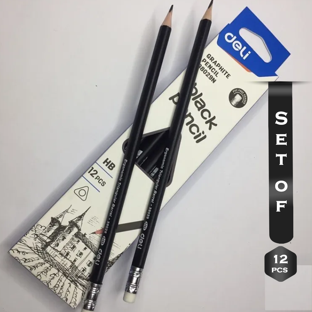 Pack of 12 Pcs Deli 38029N Black Graphite HB Pencil 