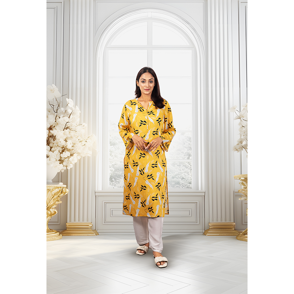 Viscose Printed Kurtis For Women - Yellow - ELV004