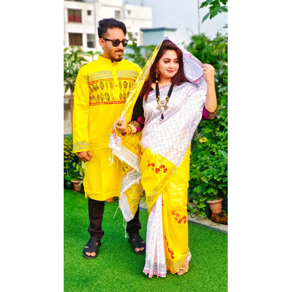 Dhupian Silk Saree and Dhupian Panjabi for Couple - Yellow - HS-00115