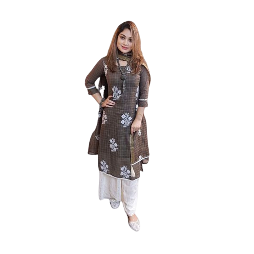 Unstitched Cotton Block Print Salwar Kameez For Women - Chocolate - 3P-11