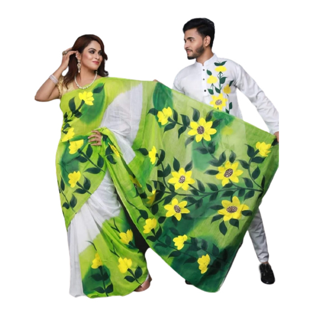 Hand Print Couple Set Saree With Panjabi - White And Green - CS-65