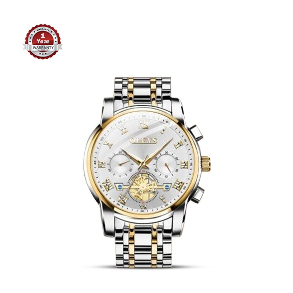 Olevs 2859 Stainless Steel Chronograph Wrist Watch For Men - White and Golden