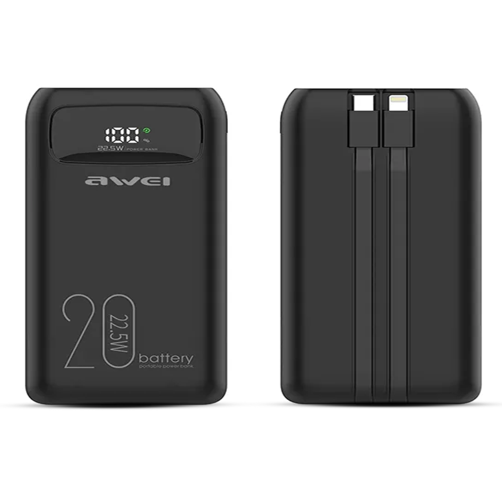 Awei P168K 22.5W Power Bank Fast Charging with LCD Display and Built-in Cables - 10000mAh - Black